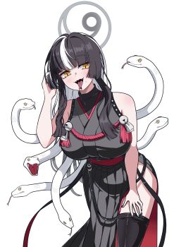 1girl absurdres azami_(blue_archive) black_hair black_kimono black_nails black_thighhighs blue_archive breasts days_(user_zehd4554) forked_tongue grey_halo halo highres japanese_clothes kimono large_breasts looking_at_viewer multicolored_hair sleeveless sleeveless_kimono slit_pupils snake snake_hair solo thighhighs tongue two-tone_hair white_hair white_snake yellow_eyes