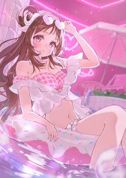 Rule 34 | 1girl, adjusting eyewear, animal ears, antenna hair, arknights, arm rest, arm up, bare shoulders, bikini, blurry, blurry background, breasts, brown hair, bubble, closed mouth, curled horns, donut innertube, eyewear lift, eyewear on head, eyjafjalla (arknights), eyjafjalla (summer flower) (arknights), feet out of frame, frilled thigh strap, from side, hair bun, hand on eyewear, heart, heart-shaped eyewear, horns, innertube, inuwan dx, knees up, leaning back, light blush, long hair, looking at viewer, medium breasts, navel, on innertube, parasol, pink-tinted eyewear, pink bikini, pink eyes, plaid bikini, plaid clothes, pool, sitting, smile, soaking feet, solo, strapless, strapless bikini, swim ring, swimsuit, thigh strap, tinted eyewear, umbrella, very long hair, water, white bikini, white horns