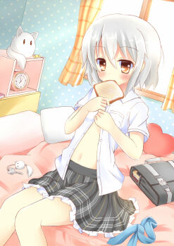 Rule 34 | 1girl, analog clock, bag, bedroom, black bag, black skirt, bread, bread slice, breast press, brown eyes, buttoning, candy, charm (object), clock, closed mouth, collared shirt, commentary request, curtains, dressing, feet out of frame, flat chest, food, food in mouth, frilled skirt, frills, hair between eyes, heart, heart-shaped pillow, highres, indoors, key, looking at viewer, miniskirt, mouth hold, navel, necktie, on bed, original, pillow, school bag, school uniform, shirt, short hair, short sleeves, sitting, skirt, solo, toast, toast in mouth, top of moe 2013, umi suzume, unworn necktie, white hair, white shirt, window
