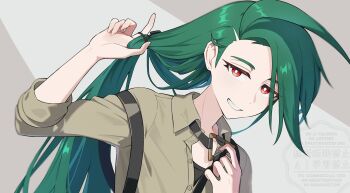 1girl botamochi_(exwelder) buttons collared_shirt commentary_request green_hair grey_background grey_shirt highres long_hair long_sleeves looking_at_viewer nintendo piercing_hole pokemon pokemon_scarlet_and_violet red_eyes rika_(pokemon) shirt simple_background solo suspenders suspenders_slip untying_hair upper_body very_long_hair watermark
