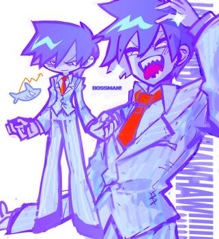 Rule 34 | 1boy, :d, antenna hair, arm up, arrow (symbol), bossman hero, closed mouth, collared shirt, colored skin, commentary, cowboy shot, deformed, dot nose, double-parted bangs, english commentary, hair between eyes, hand on own head, hero (headspace) (omori), hero (omori), highres, honshiya, jacket, large hands, layered sleeves, long sleeves, male focus, mr. jawsum, multiple views, necktie, omori, open mouth, pants, purple hair, red necktie, sharp teeth, shirt, short hair, simple background, smile, sparkle, striped clothes, striped jacket, striped pants, teeth, tongue, tongue out, v-shaped eyebrows, vertical-striped clothes, vertical-striped jacket, vertical-striped pants, white background, white eyes, white jacket, white pants, white shirt, white skin