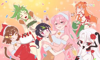 3am 6+girls :q absurdres alcohol antlers arthropod_girl bell black_hair black_sclera black_tongue blue_eyes blush bone bone_hair_ornament bow box breasts brown_gloves brown_hair cake callie_calico candy candy_cane candy_cane_hair_ornament cat_girl cat_tail champagne chicken_(food) chicken_leg christmas christmas_present closed_mouth colored_sclera commentary confetti coqui_saporana covering_privates cup dress earrings english_commentary english_text fake_antlers fang_guu fang_guu_(artist) fangs flower food food-themed_hair_ornament forked_tongue frog_tail fruit gift gloves green_hair hair_bow hair_flower hair_ornament hand_on_another's_shoulder hand_on_own_face hat highres holding holding_cake holding_cup holding_food holding_mistletoe horns indie_virtual_youtuber insect_girl jewelry lipstick long_hair lyra_calyptra maggot makeup meat_(vtuber) medium_breasts medium_hair mistletoe monkey_tail moth_girl multiple_girls neck_bell nude_cover official_art olivia_monroe open_mouth orange_hair outline pink_dress pink_hair pink_hat poinsettia pointy_ears pout red_bow red_dress red_eyes red_flower red_hat red_ribbon reindeer_antlers ribbon scar scar_across_eye scar_on_face skin_fangs small_breasts smile sparkle strawberry tadpole_tail tail teeth thick_eyebrows tongue tongue_out topknot twintails v-shaped_eyebrows virtual_youtuber white_hair white_outline yellow_eyes yuri