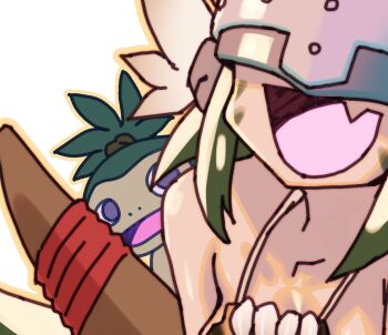 1girl angewomon breasts cat_girl cham_cham cham_cham_(cosplay) claws cosplay digimon digimon_(creature) fang gerusyu gloves happy helmet koemon monkey oridigi original purple_eyes samurai_spirits skin_fang smile