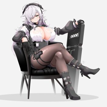 1girl absurdres animal_ears armchair beretta_93r black_boots black_gloves black_pantyhose boots braid breasts chair closed_mouth commentary commission crossed_legs full_body gloves grey_background grey_eyes grey_shorts gun hair_over_one_eye handgun high-waist_shorts high_heels highres holding holding_gun holding_shield holding_weapon holster huge_breasts long_sleeves looking_at_viewer medium_hair one_eye_covered open_clothes open_shirt original pantyhose parted_bangs saltnvalk shield shirt shorts simple_background sitting solo symbol-only_commentary thigh_holster vgen_commission weapon white_hair white_shirt