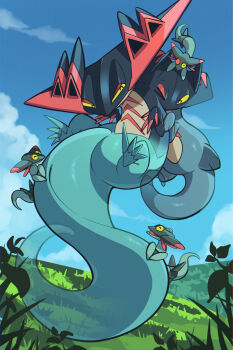 animal_focus aru_(citrine_drplt) blue_sky claws closed_mouth cloud commentary_request day dragapult drakloak dreepy evolutionary_line floating gen_8_pokemon grass highres leaf nintendo no_humans one_eye_closed open_mouth outdoors pokemon pokemon_(creature) pokemon_focus see-through_body sky smile