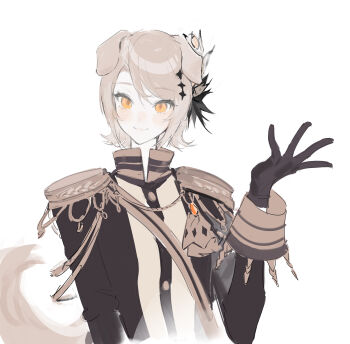 Rule 34 | 1girl, absurdres, animal ears, black gloves, black jacket, blonde hair, chao jiu wan shiyi dian ban, chinese commentary, closed mouth, commentary request, dog ears, dog girl, dog tail, epaulettes, gloves, hand up, hasumi leia, highres, jacket, kemonomimi mode, long sleeves, looking at viewer, mahou shoujo no majo saiban, sash, short hair, shoulder sash, simple background, smile, solo, tail, unfinished, upper body, white background, yellow eyes