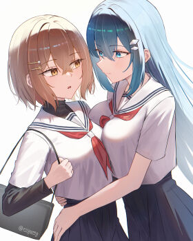 2girls absurdres arm_around_waist bag blue_eyes blue_hair blue_skirt breast_press breasts brown_eyes brown_hair closed_mouth commentary crossed_bangs double-parted_bangs english_commentary eye_contact hair_between_eyes hair_ornament hairclip hands_on_another's_waist highres large_breasts layered_sleeves light_blush long_hair long_sleeves looking_at_another medium_breasts multiple_girls neckerchief oumi_shiori parallel_hairclips parted_lips pleated_skirt red_neckerchief riiyumy sailor_collar school_uniform shirt short_hair short_over_long_sleeves short_sleeves shoulder_bag sideways_glance simple_background skirt smile twitter_username upper_body watashi_wo_tabetai_hitodenashi white_background white_sailor_collar white_shirt yaotose_hinako yuri