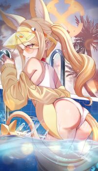 1girl animal_ears blue_archive fox_ears fox_girl fox_tail halo kurusu_rei leotard looking_at_viewer ponytail pool seia_(blue_archive) seia_(swimsuit)_(blue_archive) solo sweat tail twilight visor_cap yellow_halo