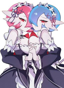 Rule 34 | 2girls, absurdres, apron, asymmetrical docking, black dress, black ribbon, blue hair, breast press, breasts, chunniwa, collar, cosplay, cowboy shot, detached collar, detached sleeves, dress, frilled apron, frilled collar, frilled sleeves, frills, gardevoir, gen 3 pokemon, hair ornament, hair over one eye, highres, holding hands, large breasts, looking at viewer, maid, maid headdress, multiple girls, nintendo, pink hair, pokemon, pokemon (creature), ram (re:zero), ram (re:zero) (cosplay), red eyes, rem (re:zero), rem (re:zero) (cosplay), ribbon, roswaal mansion maid uniform, short hair, simple background, white background, x hair ornament