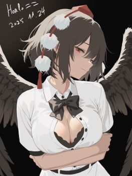 1girl arms_under_breasts artist_name bare_arms black_bow black_bowtie black_bra black_hair black_wings bow bowtie bra breasts commentary crossed_arms dated feathered_wings hair_between_eyes hat highres horlo_nini light_smile looking_at_viewer medium_breasts partially_unbuttoned pom_pom_(clothes) red_eyes shameimaru_aya shirt short_hair solo tokin_hat touhou underwear white_shirt wings