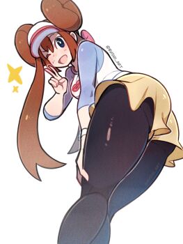 1girl ass black_pantyhose blue_eyes blush breasts brown_hair bushii_(bo0xhy) donut_hair_bun double_bun hair_bun hat highres long_hair looking_at_viewer looking_back medium_breasts nintendo one_eye_closed open_mouth pantyhose pantyhose_under_shorts poke_ball_print pokemon pokemon_bw2 raglan_sleeves rosa_(pokemon) shirt shorts simple_background smile solo star_(symbol) twintails v visor_cap white_background yellow_shorts