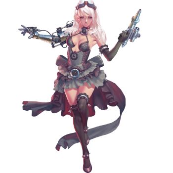 1girl artist_request asymmetrical_sleeves blue_eyes breasts cleavage clock cross cross_earrings crystal_maiden_(series) detached_sleeves earrings full_body game_cg gears goggles goggles_on_head gun hair_over_shoulder highres holding holding_gun holding_weapon jess_(crystal_maidens) jewelry official_art skirt solo standing standing_on_one_leg transparent_background variant_set weapon white_hair