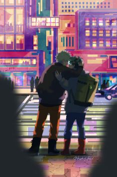 2boys arm_up backpack bag bakugou_katsuki black_boots blonde_hair blue_pants boku_no_hero_academia boots brown_jacket car commentary_request crosswalk denim from_behind furami_(krpdnst_fra3) green_hair grey_jacket hand_in_another's_hair highres jacket jeans long_sleeves male_focus midoriya_izuku motor_vehicle multiple_boys outdoors pants people red_boots red_pants standing twitter_username yaoi