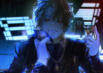 Rule 34 | 2boys, clenched teeth, clothes grab, commentary, curtained hair, deep dark for light (project sekai), ear piercing, hand up, highres, holding, holding removed eyewear, huruk (slurp kk), jewelry, kamishiro rui, long sleeves, looking at viewer, male focus, multiple boys, necklace, official alternate costume, official alternate hairstyle, outdoors, parted lips, piercing, pov, project sekai, rain, red eyes, short eyebrows, smile, symbol-only commentary, teeth, tenma tsukasa, unworn eyewear, upper body