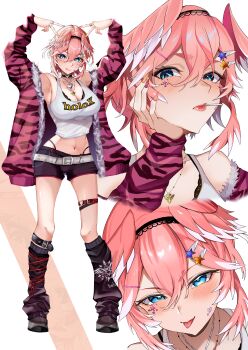 1girl absurdres arms_up black_bra black_leg_warmers black_shorts bra breasts cleavage closed_mouth commentary_request hair_ornament hairpin head_wings heart heart_o-ring highres hololive jacket large_breasts leg_warmers looking_at_viewer medium_hair na_nu_017 navel o-ring o-ring_thigh_strap pink_hair pink_jacket shirt shorts solo takane_lui thigh_strap tongue tongue_out underwear virtual_youtuber white_shirt wings