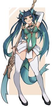 1girl arm_behind_head black_shoes blue_hair blunt_bangs breasts commentary commission dress english_commentary full_body green_dress green_eyes green_hair highres holding holding_polearm holding_weapon large_breasts long_hair long_sleeves looking_at_viewer miniskirt multicolored_hair oninuer original polearm shoes simple_background skirt smile solo tail thighhighs two-tone_hair weapon white_skirt white_thighhighs