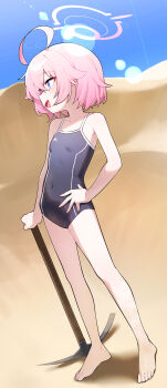 1girl absurdres abydos_high_school_swimsuit ahoge bare_arms bare_legs bare_shoulders barefoot black_one-piece_swimsuit blue_archive blue_eyes blue_sky covered_navel day fang flat_chest from_side full_body halo hand_on_own_hip highres holding holding_pickaxe honi_(honi1010) hoshino_(blue_archive) hoshino_(first_year)_(blue_archive) hoshino_(young)_(blue_archive) huge_ahoge lens_flare looking_afar looking_ahead one-piece_swimsuit open_mouth outdoors pickaxe pink_halo sand school_swimsuit short_hair skin_fang sky smile solo standing sweat swimsuit