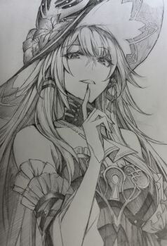 1girl absurdres bare_shoulders choker commentary_request detached_sleeves dress flower greyscale hand_up hat hat_flower herta_(honkai:_star_rail) highres honkai:_star_rail honkai_(series) long_hair looking_at_viewer monochrome rex_(rein_xeed) solo strapless strapless_dress the_herta_(honkai:_star_rail) traditional_media upper_body very_long_hair witch_hat