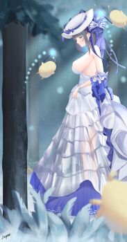 1girl azur_lane backless_dress backless_outfit bare_shoulders bareback blue_eyes blue_hair breasts bustier cheshire_(azur_lane) cheshire_(the_cat_and_the_white_steed)_(azur_lane) dress evening_gown grey_hair hat highres large_breasts layered_dress long_dress manjuu_(azur_lane) megumi_kei multicolored_hair official_alternate_costume outdoors see-through_clothes see-through_dress signature solo strapless strapless_dress streaked_hair sun_hat two-tone_hair white_hat