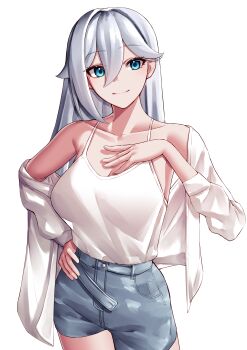1girl absurdres bare_shoulders blue_eyes breasts cecilia_schariac cleavage collarbone commentary_request denim denim_shorts hand_on_own_chest highres honkai_(series) honkai_impact_3rd jacket korean_commentary large_breasts long_hair looking_at_viewer pyeong_il shorts simple_background smile solo tank_top very_long_hair white_background white_hair white_jacket white_tank_top