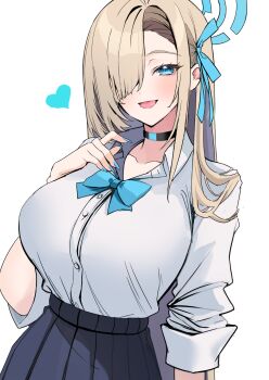 1girl absurdres asuna_(blue_archive) asuna_(school_uniform)_(blue_archive) blonde_hair blue_archive blue_bow blue_bowtie blue_eyes blue_halo blue_skirt blush bow bowtie breasts choker collarbone hair_over_one_eye hair_ribbon halo hand_on_own_chest highres large_breasts long_hair nakano_kura open_mouth ribbon shirt skirt sleeves_rolled_up smile solo very_long_hair white_background white_shirt