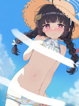 1girl ahoge arm_at_side bar_censor bikini bikini_bottom_pull bikini_top_lift black_hair blue_archive blue_sky blunt_bangs blush braid censored closed_eyes clothes_lift contrapposto coral day dot_nose dutch_angle embarrassed grey_halo groin halo hat highres leaf leaf_on_head leaf_print looking_at_viewer miyu_(blue_archive) miyu_(swimsuit)_(blue_archive) navel nude official_alternate_costume official_alternate_hairstyle print_bikini red_eyes shishiejo_(sisieho1) sky solo split_mouth standing straw_hat swimsuit tearing_up twin_braids