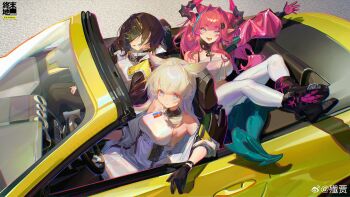 1girl 3girls :d absurdres animal_ears arknights arknights:_endfield black_boots black_hair blue_eyes boots breasts car convertible crop_top dress endministrator_(arknights) eye_mask female_endministrator_(arknights) hair_intakes highres jacket jian_jia long_hair looking_at_viewer mask medium_breasts motor_vehicle multicolored_hair multiple_girls open_clothes open_jacket open_mouth pants perlica_(arknights) pink_hair pointy_ears sleeping smile streaked_hair white_dress white_pants yvonne_(arknights)