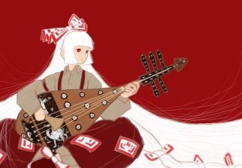 1girl baggy_pants bow bright_pupils buttons closed_mouth collared_shirt commentary_request crossed_legs footwear_bow fujiwara_no_mokou full_body grey_shirt guitar hair_bow half-closed_eyes hands_up highres hime_cut holding holding_guitar holding_instrument instrument juliet_sleeves long_hair long_sleeves looking_to_the_side music ofuda ofuda_on_clothes pants playing_instrument puffy_long_sleeves puffy_sleeves red_background red_eyes red_pants red_shoes ritsuzou shirt shoes sidelocks simple_background sitting solo suspenders touhou very_long_hair white_bow white_hair white_pupils