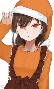 1girl alternate_costume brown_dress brown_hair dress fur-trimmed_headwear fur_trim hat highres hikashima_(shiofune) kantai_collection long_hair orange_eyes orange_hat orange_sweater santa_hat simple_background solo souya_(kancolle) sweater upper_body white_background