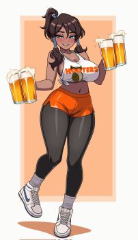 1girl alcohol avatar_legends bare_shoulders beer blue_eyes blush breasts brown_hair commentary dark-skinned_female dark_skin english_commentary hair_tubes highres hooters korra large_breasts long_hair looking_at_viewer mcarthur1010 navel ponytail smile solo the_legend_of_korra