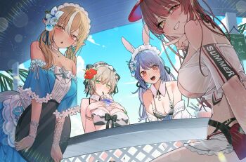 4girls animal_ears animal_print apron bare_shoulders bikini bikini_under_clothes black_bikini blonde_hair blue_dress blue_hair blue_sky bracelet breasts cleavage cloud cow_print cow_print_bikini crossed_bangs day detached_collar double-parted_bangs dress elf flower frilled_bikini frilled_dress frills front-tie_bikini_top front-tie_top green_eyes grin hair_flower hair_ornament hand_on_own_chest hat heterochromia highres hikimayu holding holding_tray hololive hololive_fantasy houshou_marine houshou_marine_(holonatsu_paradise) jacket jewelry large_breasts long_hair looking_at_viewer low_twintails maid maid_bikini maid_headdress medium_breasts midriff multicolored_hair multiple_girls navel off-shoulder_dress off-shoulder_shirt off_shoulder official_alternate_costume open_mouth orange_eyes outdoors pointy_ears print_bikini rabbit_ears rabbit_girl red_bikini red_eyes red_hair red_hat see-through_clothes see-through_shirt shiranui_flare shiranui_flare_(holonatsu_paradise) shirogane_noel shirogane_noel_(holonatsu_paradise) shirt short_eyebrows short_hair short_sleeves sitting sky smile streaked_hair swept_bangs swimsuit takeno_omoti thick_eyebrows tied_shirt tray twintails unconventional_maid usada_pekora usada_pekora_(holonatsu_paradise) v virtual_youtuber visor_cap waist_apron white_apron white_hair white_jacket white_shirt wing_collar yellow_eyes