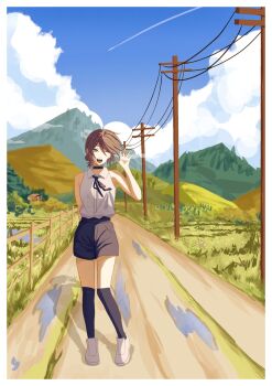 1girl ;d black_hair black_shorts black_thighhighs blue_sky chainsaw_man collared_shirt contrail day fence full_body grass grey_eyes hand_up highres mccheese one_eye_closed open_mouth outdoors path power_lines reze_(chainsaw_man) road shirt shorts sky sleeveless sleeveless_shirt smile solo standing thighhighs utility_pole white_shirt wooden_fence