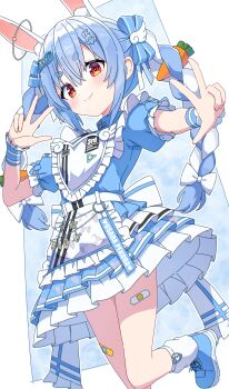 1girl absurdres animal_ear_fluff animal_ears apron back_bow bandaid bandaid_on_leg blue_background blue_bow blue_dress blue_hair blue_shoes blush border bow carrot_hair_ornament character_name closed_mouth commentary_request double_w dress food-themed_hair_ornament foot_out_of_frame frilled_apron frilled_dress frilled_sleeves frills hair_bow hair_ornament highres hololive kaie long_hair looking_at_viewer multicolored_hair outline outside_border rabbit_ears rabbit_girl red_eyes shoes short_sleeves smile socks solo standing standing_on_one_leg thick_eyebrows two-tone_hair usada_pekora virtual_youtuber w waist_apron white_apron white_border white_bow white_hair white_outline white_socks wing_hair_ornament wrist_cuffs