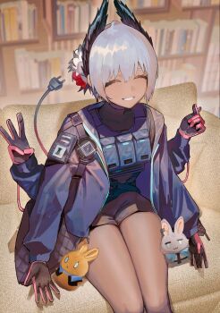 Rule 34 | 1girl, absurdres, amiya (arknights), arknights, black feathers, black gloves, black shirt, black shorts, blue jacket, bookshelf, cable, cable tail, choshanland plushy (arknights), closed eyes, couch, dark-skinned female, dark skin, electric plug, electric plug tail, extra arms, feather hair, feathers, finger heart, gloves, head wings, highres, indoors, jacket, long sleeves, mechanical tail, on couch, open clothes, open jacket, pink gloves, raidian (arknights), rosmontis (arknights), sanzuitaroh, shirt, short hair, shorts, sitting, solo, tail, thighs, two-tone gloves, vest, wings