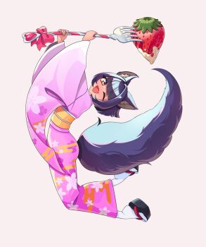 1girl animal_ear_fluff animal_ears black_hair black_sandals bow brown_background commentary commission dark-skinned_female dark_skin english_commentary eyelashes fang food fruit full_body happy japanese_clothes kimono leaning_back light_blush obi okobo one_eye_closed open_mouth original oversized_food oversized_object pankeiki pink_bow pink_kimono platform_clogs platform_sandals sandals sash short_hair simple_background skin_fang smile socks solo strawberry tabi tail white_socks wolf_ears wolf_girl wolf_tail yellow_eyes yellow_sash yukata