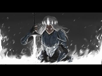 1girl absurdres armor artistpassingby commentary crown embers english_commentary fire glowing glowing_eyes highres holding holding_sword holding_weapon letterboxed long_hair nephis_(shadow_slave) planted planted_sword planted_weapon shadow_slave solo sword upper_body weapon white_fire white_hair