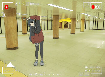1girl arm_up backrooms_(creepypasta) black_hair black_jacket black_leggings blue_eyes blunt_bangs ceiling_light drawstring empty_eyes fixed-point_camera full_body grey_shoes highres hime_cut hood hooded_jacket hoodie indoors jacket leaning_to_the_side leggings liminal_space long_hair long_sleeves looking_at_viewer multicolored_jacket nijisanji no_nose official_alternate_costume parted_lips pillar recording red_jacket reflection shirt shoes sidelocks sleeves_past_wrists sneakers solo stairs standing tile_floor tiles tsukino_mito tsukino_mito_(sporty) turtleneck two-tone_jacket variant_set viewfinder virtual_youtuber white_shirt yanagi_(mimimikuri)