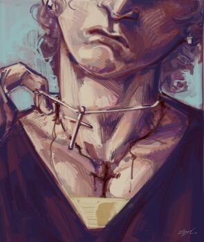 Rule 34 | 1boy, black shirt, bleeding, blood, ch0rl, character request, close-up, commentary, cross pendant, curly hair, english commentary, expressionless, facing viewer, head tilt, highres, male focus, portrait, shirt, short hair, solo, the pitt, undershirt, yellow shirt