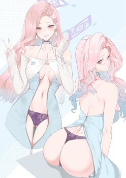 1girl ass back bare_shoulders black_panties blue_dress blush breasts center_opening choker cleavage commentary dishwasher1910 dress earrings glasses grin highres jewelry large_breasts long_hair long_sleeves looking_at_viewer looking_back multiple_views navel necklace off_shoulder one_eye_closed original panties parted_bangs pink_eyes pink_hair puckered_lips smile thighs two-tone_dress underwear white_dress