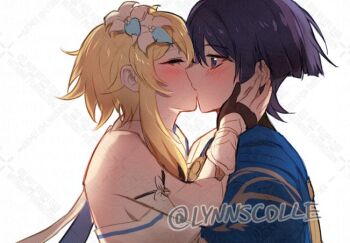 1boy 1girl arm_cutout black_gloves blonde_hair blue_cape blue_flower blue_trim blunt_ends blush cape closed_eyes clothing_cutout couple detached_sleeves dress eyelashes eyeliner eyeshadow flower from_side genshin_impact gloves hair_flower hair_ornament hand_on_another&#039;s_face hetero japanese_clothes kimono kiss lumine_(genshin_impact) makeup meilynn-hayakan multicolored_flower partially_fingerless_gloves purple_eyes purple_hair red_eyeliner red_eyeshadow scaramouche_(genshin_impact) scarf short_hair short_hair_with_long_locks sidelocks twitter_username vambraces wanderer_(genshin_impact) watermark white_background white_dress white_flower white_kimono white_scarf white_sleeves
