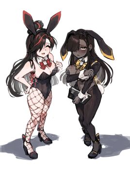 Rule 34 | 2girls, absurdres, animal ears, bennett soap, black hair, black leotard, black shoes, blush, bow, bowtie, dark-skinned female, dark skin, detached sleeves, fishnet pantyhose, fishnets, full body, hair over one eye, highres, leotard, limbus company, looking at viewer, multicolored hair, multiple girls, open mouth, pantyhose, pasties, project moon, rabbit ears, red bow, red bowtie, red streaks, reverse bunnysuit, reverse outfit, shoes, smile, streaked hair, yellow bow, yellow bowtie, zigong (project moon), zilu (project moon)