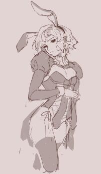 1boy androgynous animal_ears cleavage_cutout clothing_cutout corset cowboy_shot crossdressing crossdressing_(mtf) drawstring dungeon_meshi fake_animal_ears male_playboy_bunny medium_hair mithrun monochrome pluvioseprince rabbit_ears solo standing thighhighs tied_drawstring trap