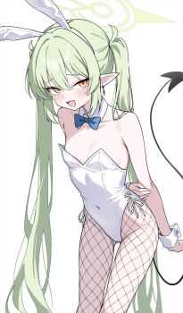 1girl :d alternate_costume animal_ears blue_archive blush breasts cleavage covered_navel demon_tail fake_animal_ears fishnet_pantyhose fishnets green_hair green_halo halo highres leotard long_hair looking_at_viewer marisasu_(marisa0904) nozomi_(blue_archive) open_mouth pantyhose playboy_bunny pointy_ears rabbit_ears simple_background small_breasts smile solo tail twintails very_long_hair white_background white_leotard yellow_eyes