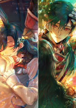 1boy 1girl akuma_shitsuji_to_kuroi_neko aqua_hair arm_up bed_sheet blue_hair blue_sky border brother_and_sister closed_eyes closed_mouth cloud collage collar collared_jacket collared_shirt commentary day doll double-parted_bangs epaulettes flower frilled_collar frilled_sleeves frills fringe_trim hair_between_eyes hair_flower hair_ornament haures_clifford highres indoors jacket leaf light_blush light_particles light_rays light_smile long_hair long_sleeves looking_at_another lying multiple_views nightgown nonoko_(meg36544) on_bed on_stomach outdoors pillow ponytail red_eyes red_jacket sash shirt siblings side_ponytail signature sky sleeping smile sunbeam sunlight tricia_clifford upper_body watermark wavy_hair white_border white_flower white_nightgown white_sash white_shirt wing_collar