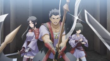 1boy 2girls anime_coloring armor axe bandaged_leg bandaged_neck bandages black_hair closed_mouth danmachi_battle_chronicle dungeon_ni_deai_wo_motomeru_no_wa_machigatteiru_darou_ka game_cg gloves green_eyes hair_over_one_eye hair_slicked_back highres hitachi_chigusa holding holding_axe holding_sword holding_weapon japanese_armor japanese_clothes jinbaori kashima_ouka katana kimono kote kusazuri long_hair looking_at_viewer multiple_girls muscular muscular_male non-web_source official_art one_eye_covered open_mouth purple_eyes purple_kimono red_gloves red_sash red_thighhighs reverse_grip sash serious short_hair short_kimono short_sword shoulder_armor side_ponytail single_sode sode sword tantou thighhighs two-handed waist_sash weapon yamato_mikoto