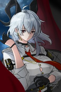 1girl amuy_(art_of_muy) arm_pouch armband black_armband black_choker black_gloves black_horns breasts button_gap chest_harness choker commentary curled_horns earrings english_commentary gloves grey_hair hair_between_eyes hand_up harness highres horns jewelry key_earrings large_breasts long_hair looking_at_viewer mole mole_under_eye multicolored_hair necktie pouch red_eyes red_necktie signature solo streaked_hair upper_body wuthering_waves zani_(wuthering_waves)