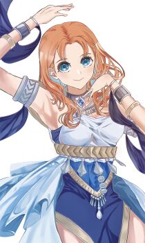 1girl alternate_costume ancient_greek_clothes annette_fantine_dominic annette_fantine_dominic_(timeskip) armlet blue_eyes blue_gemstone blush bracelet breasts closed_mouth commentary_request dancer dancer_(fire_emblem:_three_houses) dancing dress feet_out_of_frame fire_emblem fire_emblem:_three_houses gem greco-roman_clothes highres jewelry long_hair looking_at_viewer medium_breasts nintendo orange_hair pelvic_curtain ponzu_irohasu simple_background single-shoulder_dress single_strap smile solo thighs white_background