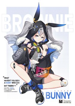 Rule 34 | 1girl, absurdres, ai ke le de xiao hong, animal ears, barcode, barcode tattoo, black gloves, black jacket, black shoes, black shorts, blue socks, bronya zaychik, bronya zaychik (haxxor bunny), character name, closed mouth, commentary request, drill hair, fake animal ears, full body, gloves, grey eyes, grey hair, highres, honkai (series), honkai impact 3rd, indian style, jacket, knee pads, long sleeves, looking at viewer, rabbit ears, shoes, shorts, single knee pad, sitting, socks, solo, tattoo, twin drills