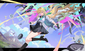 Rule 34 | 1girl, absurdres, anheyu, black skirt, black socks, blonde hair, blowing bubble gum, braid, braided bangs, breasts, charm (object), chewing gum, clang bang (wuthering waves), gradient hair, hair ornament, headphones, headphones around neck, highres, holding, holding spray can, id card, letterboxed, long hair, looking at viewer, lynae (wuthering waves), medium breasts, missing commentary, multicolored hair, purple eyes, shirt, skirt, skull hair ornament, socks, solo, spray can, tacet discord (wuthering waves), white shirt, wuthering waves