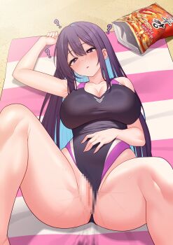 1girl absurdres blush breasts censored dazed heart heart-shaped_pupils highres kkam-sang large_breasts lying mosaic_censoring on_back one-piece_swimsuit paid_reward_available pussy_juice swimsuit symbol-shaped_pupils waking_up